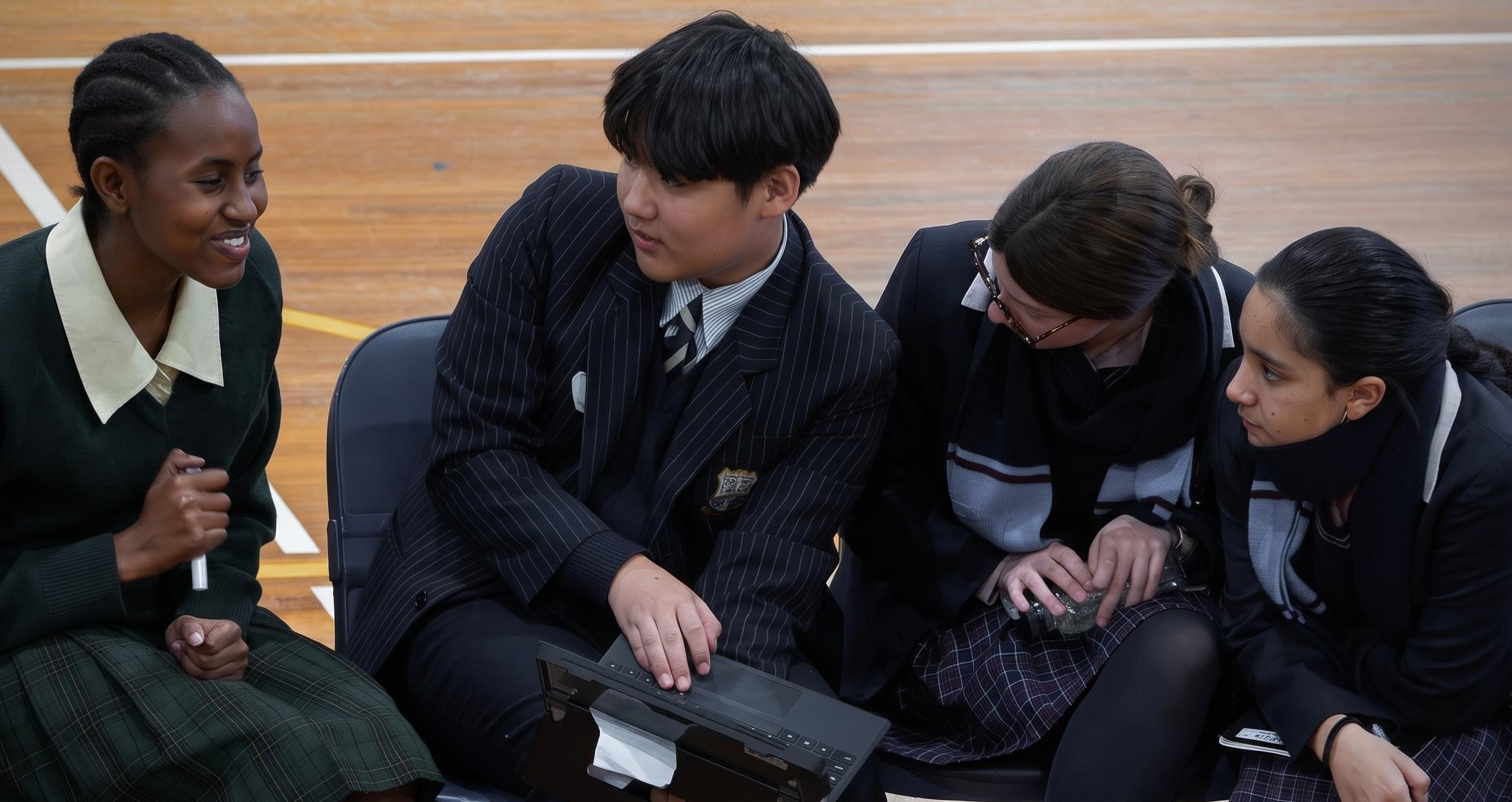 A student smiling holding a microphone in a Terra Symposium workshop with three students sitting next to her looking up at her inquisitively.